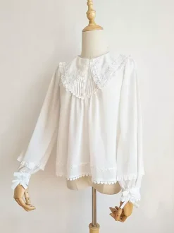 Academic Lolita Blouses Ruffles Lace Lolita Top Long Sleeves Blouse White Lolita Shirt