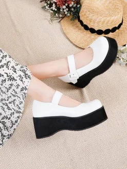 Academic Lolita Footwear Black Round Toe PU Leather Daily Casual Lolita Pumps