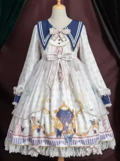 Academic Lolita OP Dress Blue Polyester Long Sleeve Bowkonts Lace Ruffles Sweet Lolita One Piece Dresses