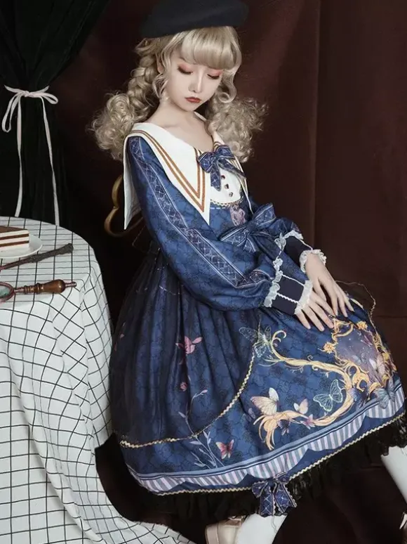 Academic Lolita OP Dress Blue Polyester Long Sleeve Bowkonts Lace Ruffles Sweet Lolita One Piece Dresses
