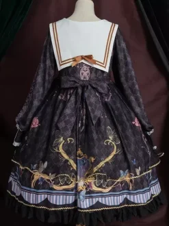 Academic Lolita OP Dress Blue Polyester Long Sleeve Bowkonts Lace Ruffles Sweet Lolita One Piece Dresses