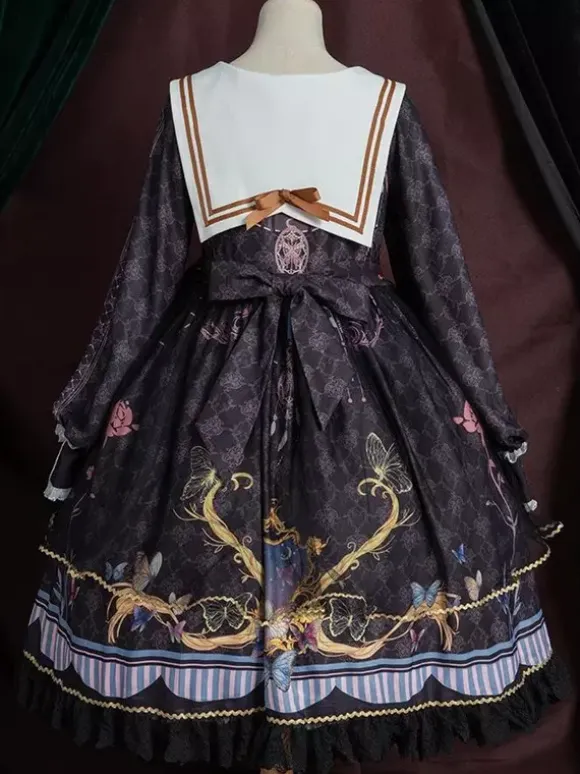 Academic Lolita OP Dress Blue Polyester Long Sleeve Bowkonts Lace Ruffles Sweet Lolita One Piece Dresses