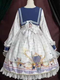 Academic Lolita OP Dress Blue Polyester Long Sleeve Bowkonts Lace Ruffles Sweet Lolita One Piece Dresses