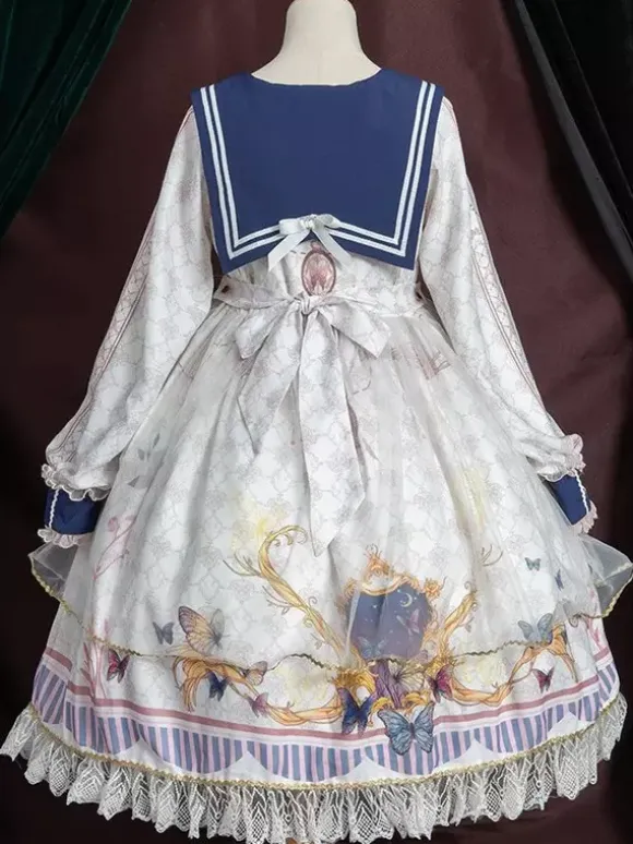 Academic Lolita OP Dress Blue Polyester Long Sleeve Bowkonts Lace Ruffles Sweet Lolita One Piece Dresses