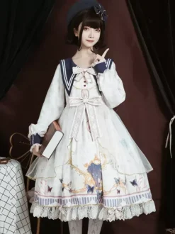Academic Lolita OP Dress Blue Polyester Long Sleeve Bowkonts Lace Ruffles Sweet Lolita One Piece Dresses