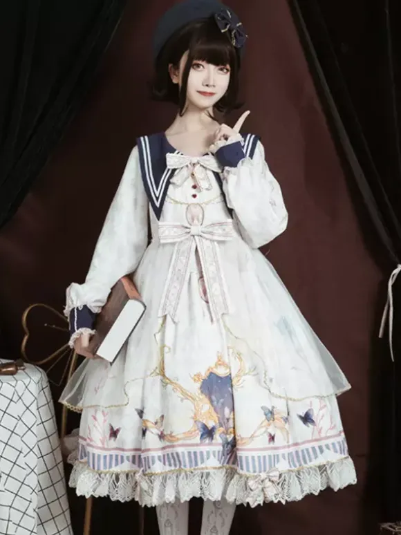 Academic Lolita OP Dress Blue Polyester Long Sleeve Bowkonts Lace Ruffles Sweet Lolita One Piece Dresses