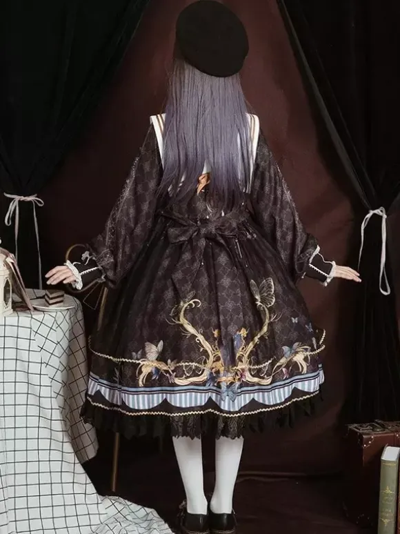 Academic Lolita OP Dress Blue Polyester Long Sleeve Bowkonts Lace Ruffles Sweet Lolita One Piece Dresses