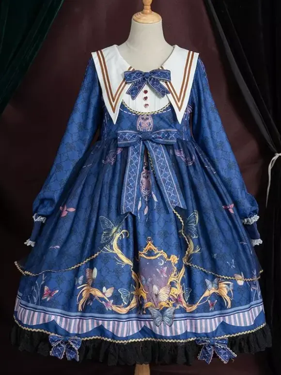Academic Lolita OP Dress Blue Polyester Long Sleeve Bowkonts Lace Ruffles Sweet Lolita One Piece Dresses