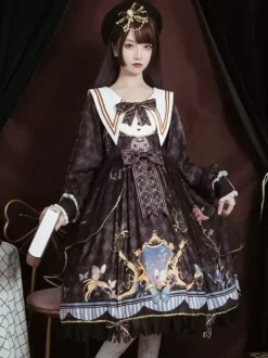 Academic Lolita OP Dress Blue Polyester Long Sleeve Bowkonts Lace Ruffles Sweet Lolita One Piece Dresses