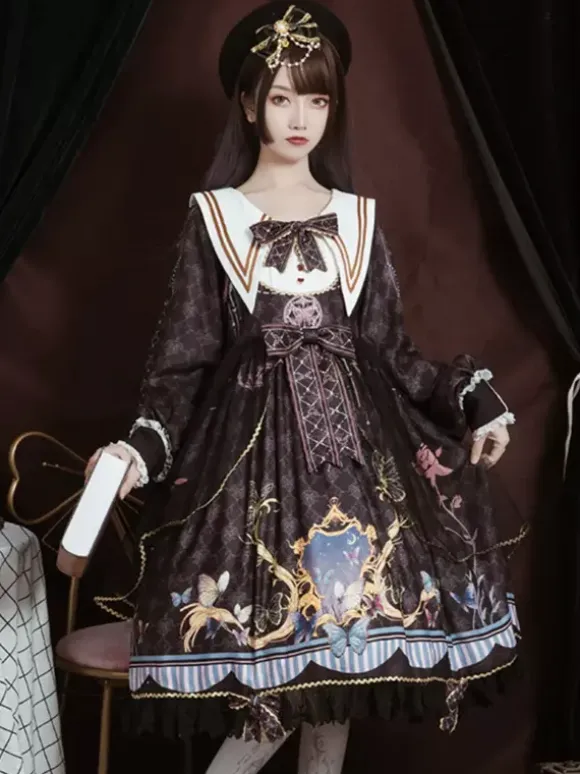 Academic Lolita OP Dress Blue Polyester Long Sleeve Bowkonts Lace Ruffles Sweet Lolita One Piece Dresses