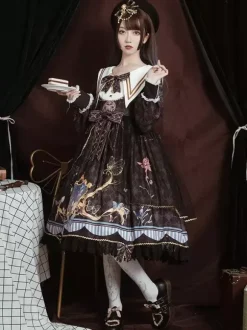 Academic Lolita OP Dress Blue Polyester Long Sleeve Bowkonts Lace Ruffles Sweet Lolita One Piece Dresses