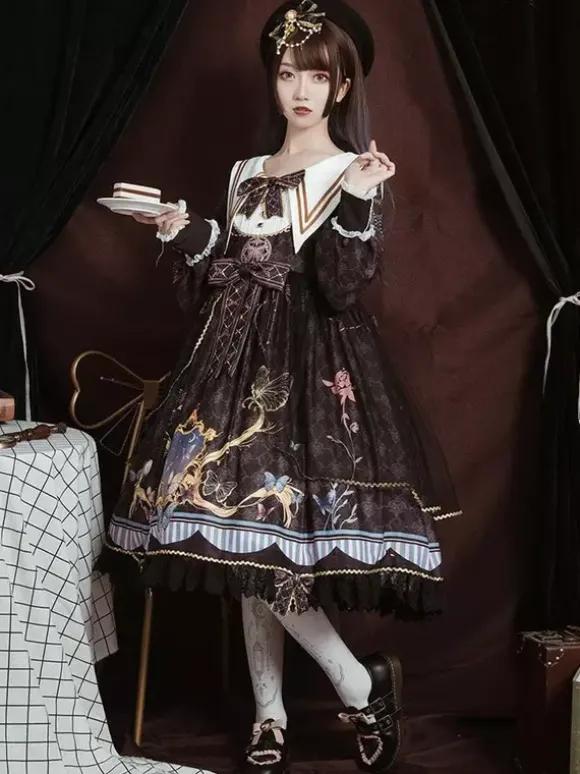 Academic Lolita OP Dress Blue Polyester Long Sleeve Bowkonts Lace Ruffles Sweet Lolita One Piece Dresses