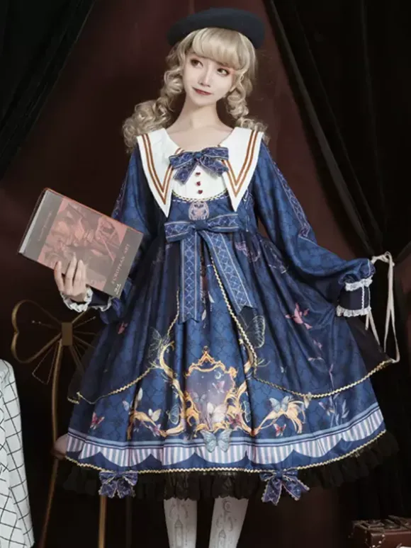 Academic Lolita OP Dress Blue Polyester Long Sleeve Bowkonts Lace Ruffles Sweet Lolita One Piece Dresses