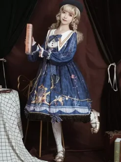 Academic Lolita OP Dress Blue Polyester Long Sleeve Bowkonts Lace Ruffles Sweet Lolita One Piece Dresses