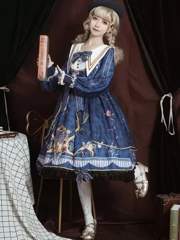 Academic Lolita OP Dress Blue Polyester Long Sleeve Bowkonts Lace Ruffles Sweet Lolita One Piece Dresses