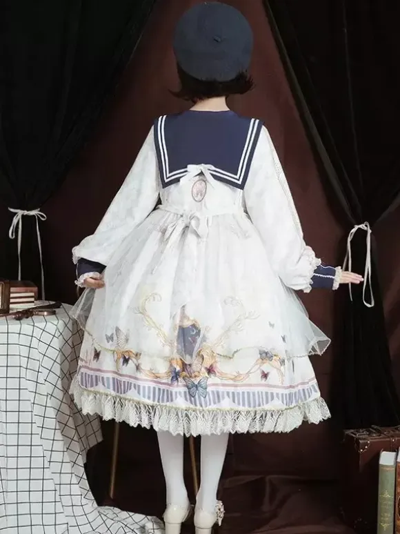 Academic Lolita OP Dress Blue Polyester Long Sleeve Bowkonts Lace Ruffles Sweet Lolita One Piece Dresses
