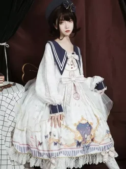 Academic Lolita OP Dress Blue Polyester Long Sleeve Bowkonts Lace Ruffles Sweet Lolita One Piece Dresses