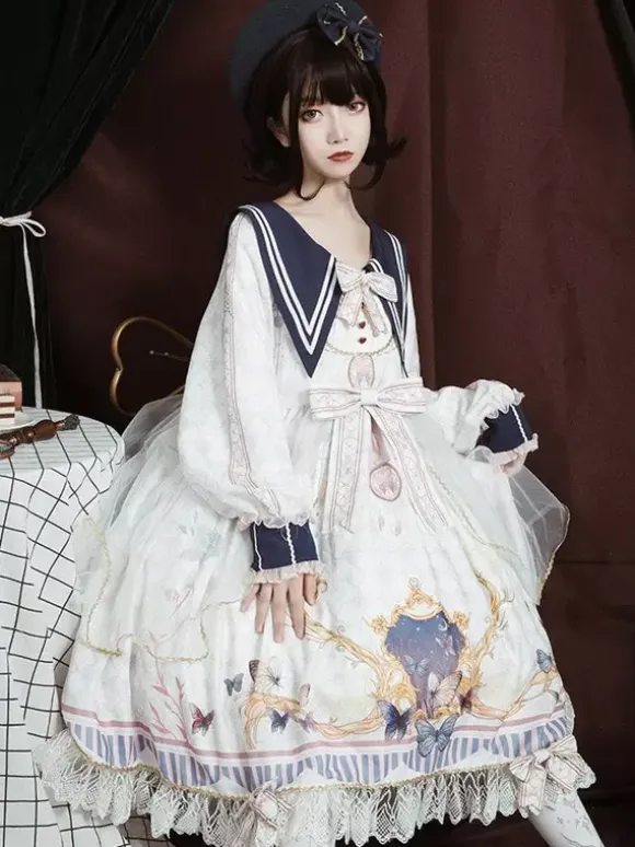 Academic Lolita OP Dress Blue Polyester Long Sleeve Bowkonts Lace Ruffles Sweet Lolita One Piece Dresses