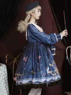 Academic Lolita OP Dress Blue Polyester Long Sleeve Bowkonts Lace Ruffles Sweet Lolita One Piece Dresses