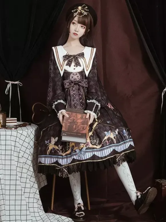 Academic Lolita OP Dress Blue Polyester Long Sleeve Bowkonts Lace Ruffles Sweet Lolita One Piece Dresses