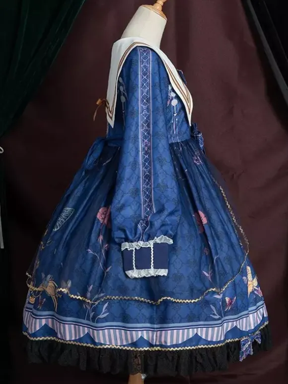 Academic Lolita OP Dress Blue Polyester Long Sleeve Bowkonts Lace Ruffles Sweet Lolita One Piece Dresses