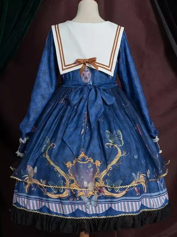 Academic Lolita OP Dress Blue Polyester Long Sleeve Bowkonts Lace Ruffles Sweet Lolita One Piece Dresses