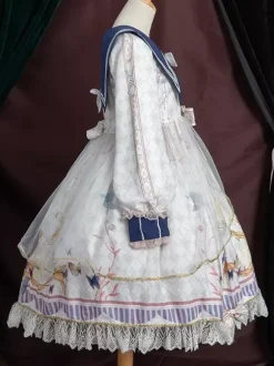 Academic Lolita OP Dress Blue Polyester Long Sleeve Bowkonts Lace Ruffles Sweet Lolita One Piece Dresses