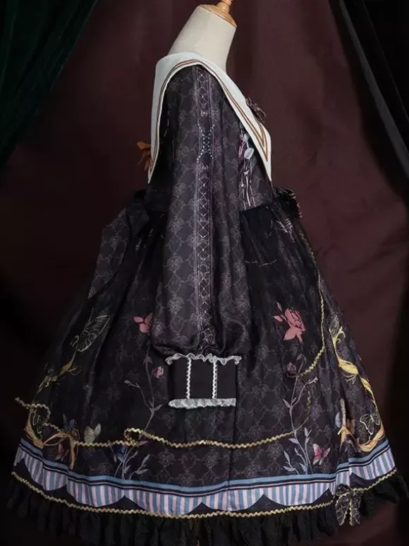 Academic Lolita OP Dress Blue Polyester Long Sleeve Bowkonts Lace Ruffles Sweet Lolita One Piece Dresses