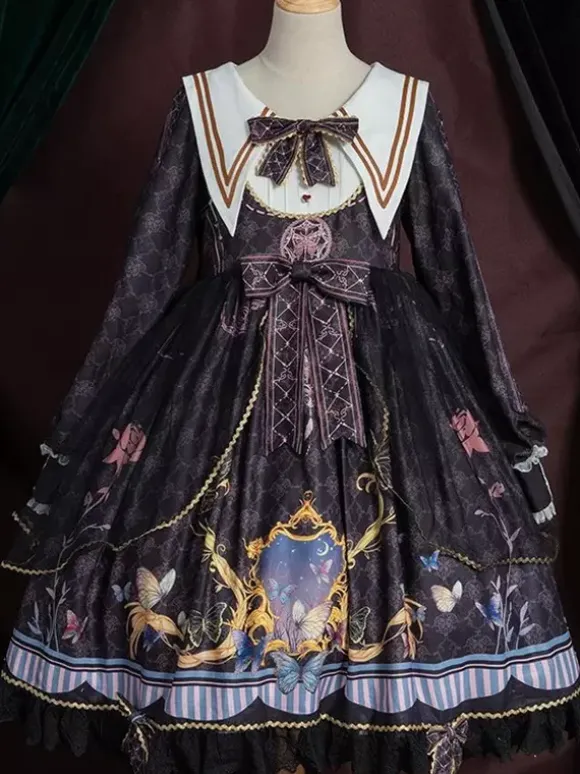 Academic Lolita OP Dress Blue Polyester Long Sleeve Bowkonts Lace Ruffles Sweet Lolita One Piece Dresses