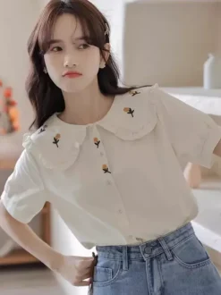 Academic Lolita Blouses Ruffles Embroidered Short Sleeves Blouse Lolita Top White Lolita Shirt