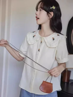 Academic Lolita Blouses Ruffles Embroidered Short Sleeves Blouse Lolita Top White Lolita Shirt