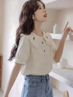 Academic Lolita Blouses Ruffles Embroidered Short Sleeves Blouse Lolita Top White Lolita Shirt