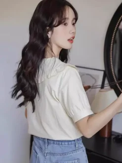 Academic Lolita Blouses Ruffles Embroidered Short Sleeves Blouse Lolita Top White Lolita Shirt