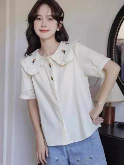 Academic Lolita Blouses Ruffles Embroidered Short Sleeves Blouse Lolita Top White Lolita Shirt
