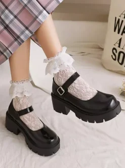 Academic Lolita Footwear Black Round Toe PU Leather Lolita Pumps