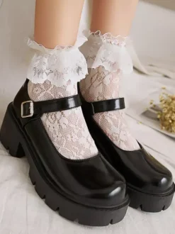 Academic Lolita Footwear Black Round Toe PU Leather Lolita Pumps