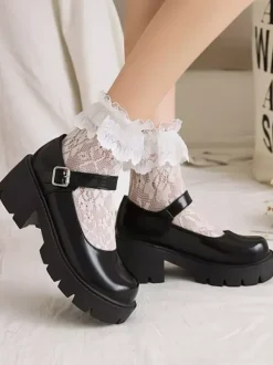 Academic Lolita Footwear Black Round Toe PU Leather Lolita Pumps