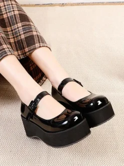 Academic Lolita Footwear Black Round Toe PU Leather Daily Casual Lolita Pumps