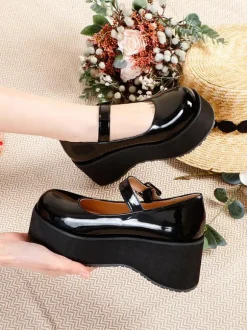 Academic Lolita Footwear Black Round Toe PU Leather Daily Casual Lolita Pumps