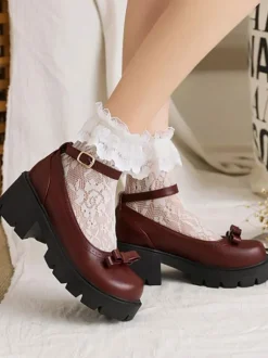 Academic Lolita Footwear Black Round Toe PU Leather Lolita Pumps