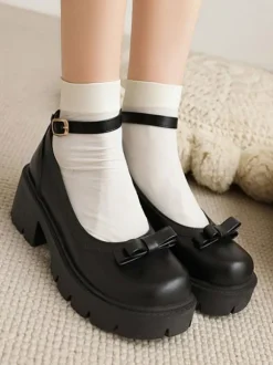 Academic Lolita Footwear Black Round Toe PU Leather Lolita Pumps