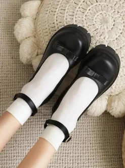 Academic Lolita Footwear Black Round Toe PU Leather Lolita Pumps