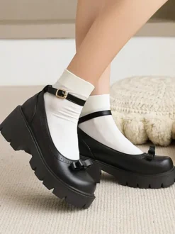 Academic Lolita Footwear Black Round Toe PU Leather Lolita Pumps