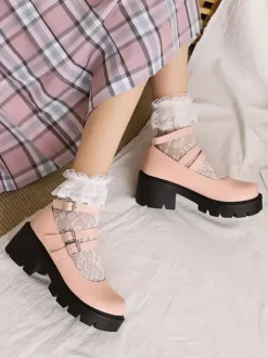Academic Lolita Footwear Black Round Toe PU Leather Lolita Pumps