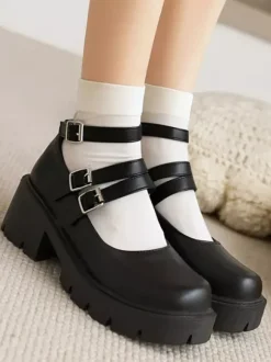 Academic Lolita Footwear Black Round Toe PU Leather Lolita Pumps