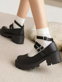 Academic Lolita Footwear Black Round Toe PU Leather Lolita Pumps