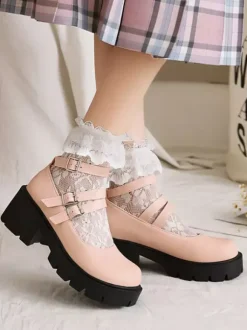 Academic Lolita Footwear Black Round Toe PU Leather Lolita Pumps