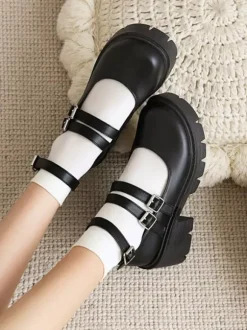 Academic Lolita Footwear Black Round Toe PU Leather Lolita Pumps