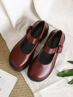 Academic Lolita Footwear Burgundy PU Leather Chunky Heel Lolita Pumps