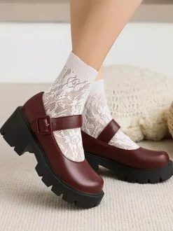 Academic Lolita Footwear Burgundy PU Leather Chunky Heel Lolita Pumps